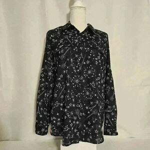 Karl Lagerfeld Paris Womens Button Down Black Blouse Stars Top Size M